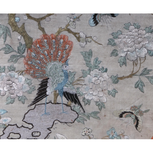 483 - A pair of 19th century Chinese silk embroidered panels decorated with birds and butterflies amongst ... 