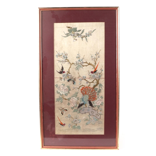 483 - A pair of 19th century Chinese silk embroidered panels decorated with birds and butterflies amongst ... 