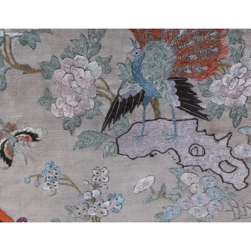 483 - A pair of 19th century Chinese silk embroidered panels decorated with birds and butterflies amongst ... 