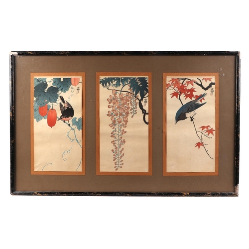 499 - A set of three Japanese woodblock prints depicting birds and flowers, each 13 by 35cm, framed as one... 