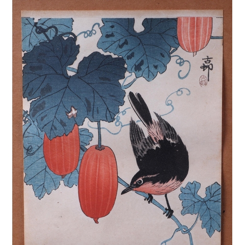 499 - A set of three Japanese woodblock prints depicting birds and flowers, each 13 by 35cm, framed as one... 