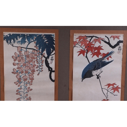 499 - A set of three Japanese woodblock prints depicting birds and flowers, each 13 by 35cm, framed as one... 