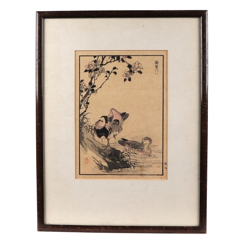 499 - A set of three Japanese woodblock prints depicting birds and flowers, each 13 by 35cm, framed as one... 