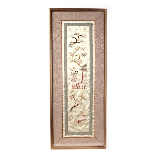 521 - A Chinese silk embroidered panel depicting cranes and other birds, 49 by 68cms, framed; together wit... 