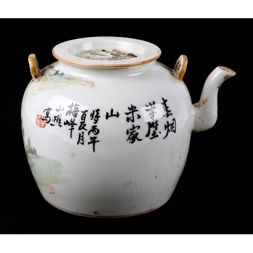 530 - A Chinese Republic style teapot and cover decorated with a river landscape scene and calligraphy, re... 