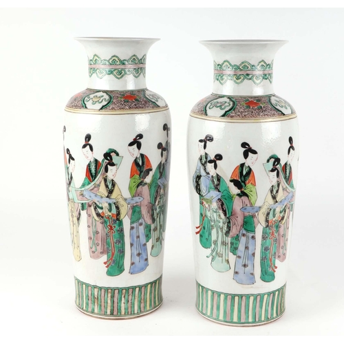 536 - A large pair of Chinese famille vert vases decorated with figures, six character blue mark to the un... 