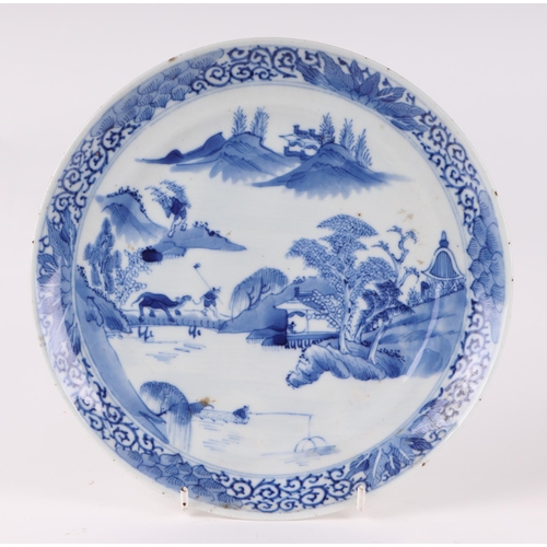 543 - A Chinese blue & white plate depicting Shoulau presenting a small boy to deities, four character blu... 