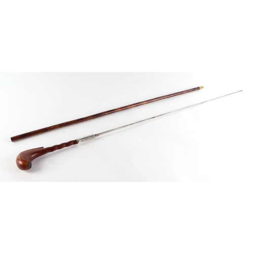 55 - A novelty partridge wood swordstick with mahogany handle which opens to reveal a compartment to cont... 