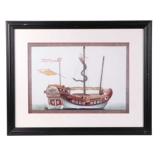 553 - A set of four Chinese prints depicting various boats, framed & glazed, 34 by 24cms.