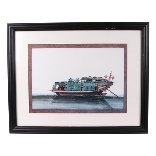 553 - A set of four Chinese prints depicting various boats, framed & glazed, 34 by 24cms.