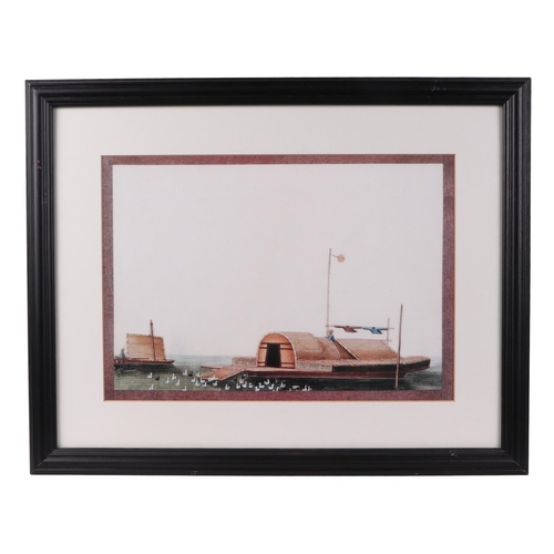 553 - A set of four Chinese prints depicting various boats, framed & glazed, 34 by 24cms.