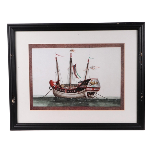 553 - A set of four Chinese prints depicting various boats, framed & glazed, 34 by 24cms.