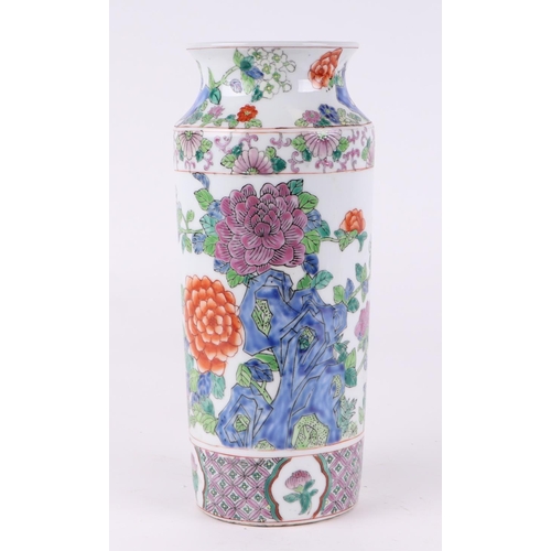 568 - A Chinese square form famille rose vase and cover, 33cms high; together with a millefiori style jar ... 