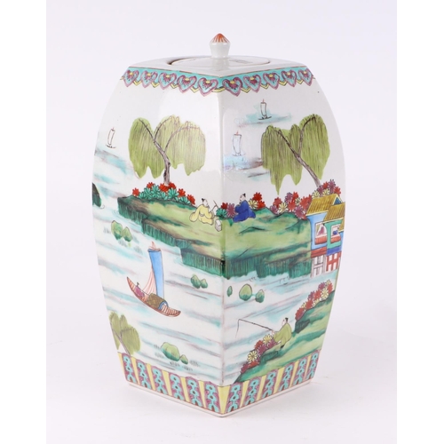 568 - A Chinese square form famille rose vase and cover, 33cms high; together with a millefiori style jar ... 