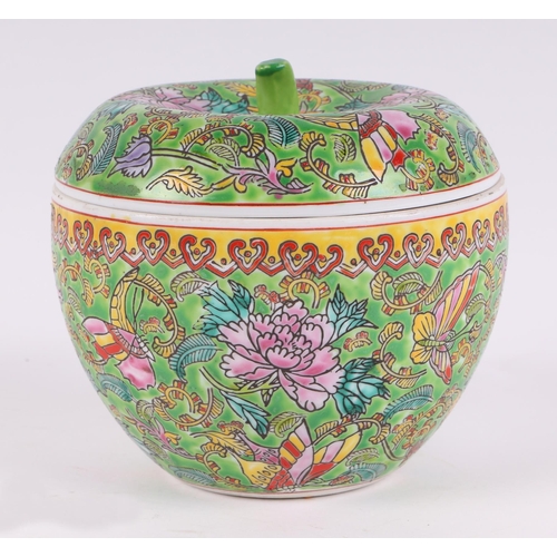 568 - A Chinese square form famille rose vase and cover, 33cms high; together with a millefiori style jar ... 