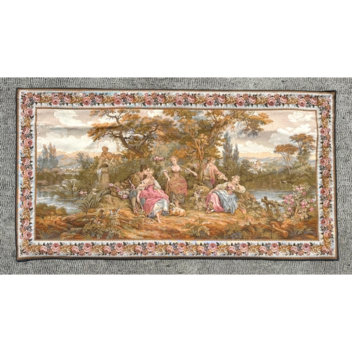 87 - A modern Aubusson style tapestry depicting a classical scene within a floral border, 177 by 95cms.