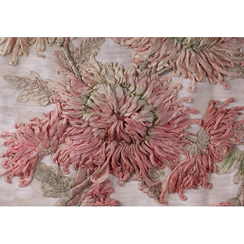 88 - An embroidered and needlework silk panel depicting chrysanthemums, 40 by 33cms, framed.