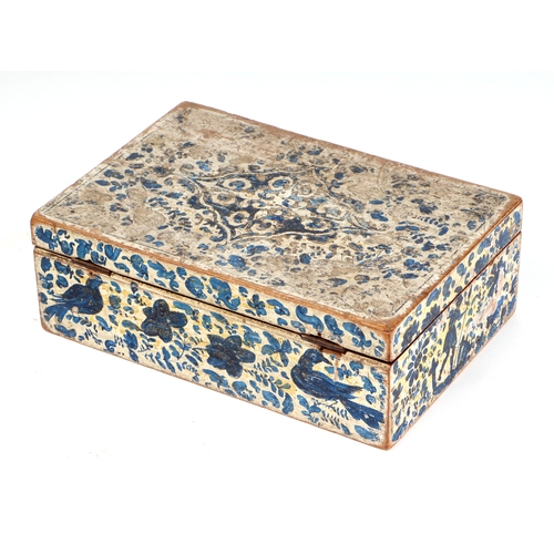 326 - An Iznik type wooden box with traditional decoration containing a small collection of copper miniatu... 