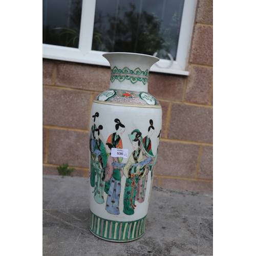 536 - A large pair of Chinese famille vert vases decorated with figures, six character blue mark to the un... 