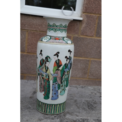 536 - A large pair of Chinese famille vert vases decorated with figures, six character blue mark to the un... 