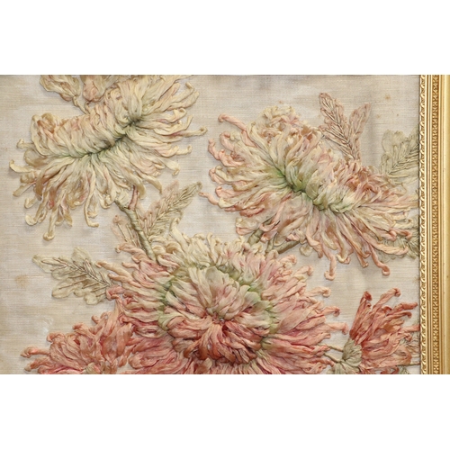 88 - An embroidered and needlework silk panel depicting chrysanthemums, 40 by 33cms, framed.