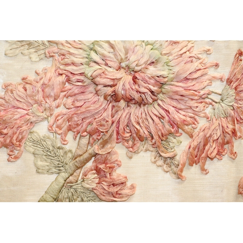 88 - An embroidered and needlework silk panel depicting chrysanthemums, 40 by 33cms, framed.