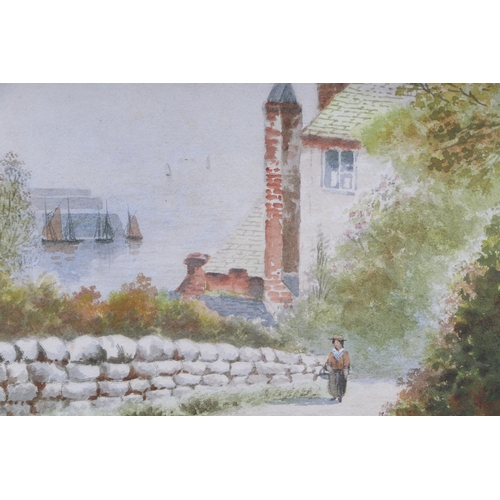 118 - J Russell (early 20th century school) - Figure on a Lane with Boats in a Harbour in the Background -... 