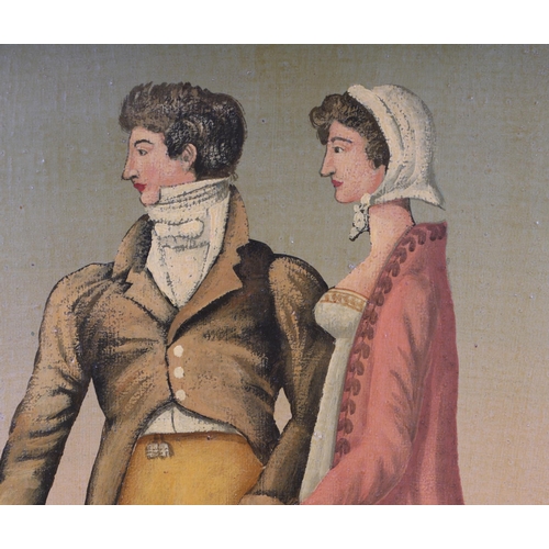 120 - An oil on canvas laid on board painting depicting a Georgian lady and gentleman, 31 by 44cms, framed... 