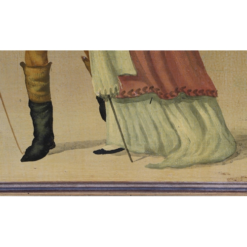 120 - An oil on canvas laid on board painting depicting a Georgian lady and gentleman, 31 by 44cms, framed... 