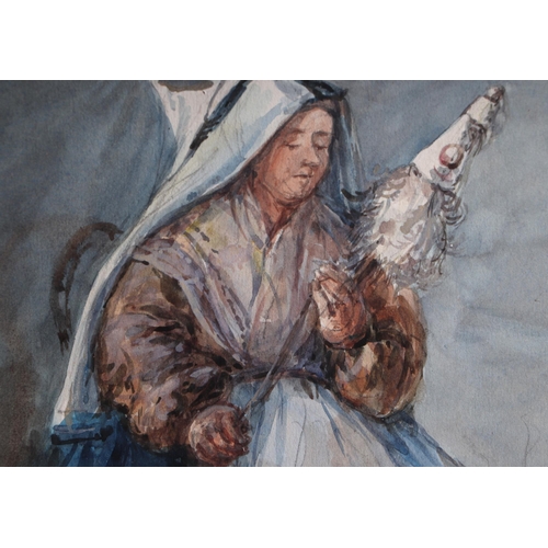 122 - 19th century school - Study of an Old Woman Spinning Wool - watercolour, framed & glazed, 17 by 18.5... 