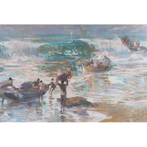 129 - Guy Huze (Belgium 1912-1997) - Ghanaian Surfport - depicting figures and a boat on the foreshore, mi... 