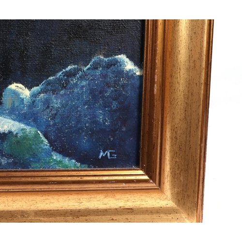 145 - 20th century modern British - Mountainous Landscape Scene - oil on canvas, monogrammed 'MG' lower ri... 