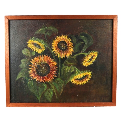 146 - A Voordouw - Still Life of Sunflowers - oil on board, initialled 'AV' lower left, 68 by 35cms, frame... 