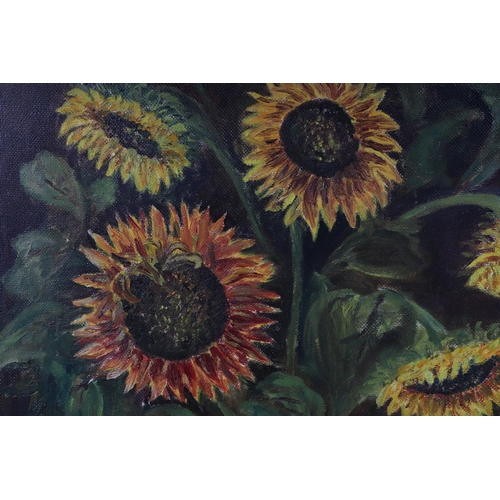 146 - A Voordouw - Still Life of Sunflowers - oil on board, initialled 'AV' lower left, 68 by 35cms, frame... 