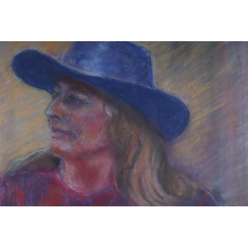 151 - Libby Newman (modern British) - Portrait of a Blonde Haired Lady Wearing a Blue Hat - pastel, signed... 