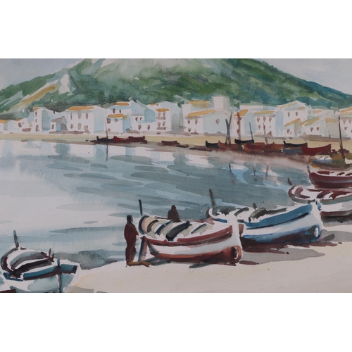 154 - Mid 20th century continental school - Harbour Scene with Moored Fishing Boats and Mountains in the D... 