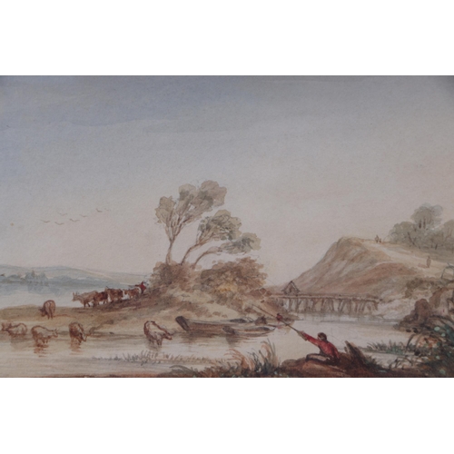 158 - Late 18th / early 19th century English school - Rural Landscape with a Man Fishing in a River with C... 