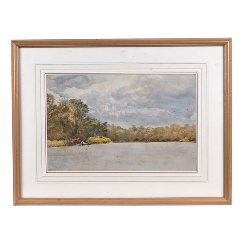 160 - 20th century English school - Lake Scene with Boathouse - watercolour, indistinctly signed lower lef... 