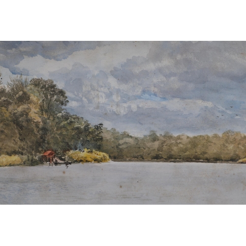 160 - 20th century English school - Lake Scene with Boathouse - watercolour, indistinctly signed lower lef... 