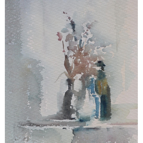 170 - 20th century modern British - Still Life of Bottles, Vase and Flowers - watercolour, initialled 'AW'... 