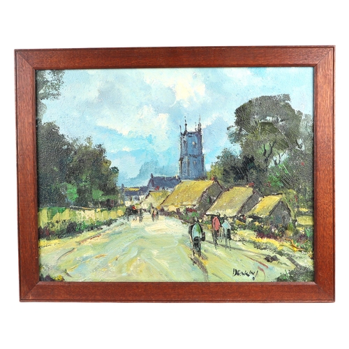 188 - George Deakins (1911-1981) - Village Lane Scene with a Church in the Distance - oil on board, signed... 