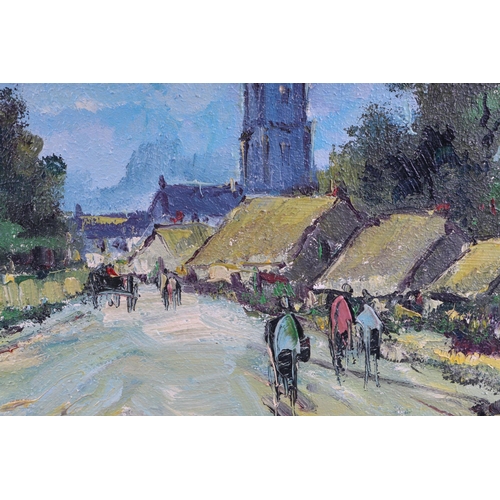 188 - George Deakins (1911-1981) - Village Lane Scene with a Church in the Distance - oil on board, signed... 