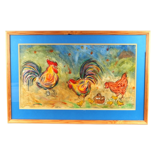 189 - Sharon Tong (modern British) - Farmyard Scene with Chickens, a Basket of Eggs and Chicks - mixed med... 