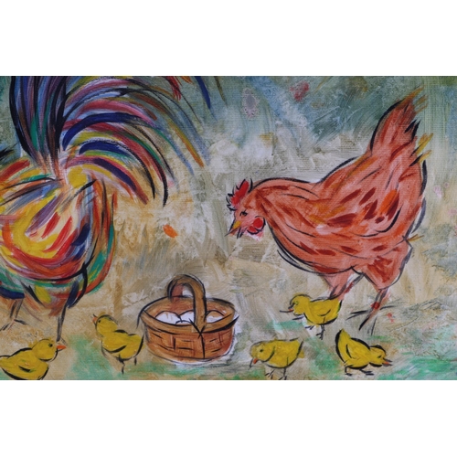 189 - Sharon Tong (modern British) - Farmyard Scene with Chickens, a Basket of Eggs and Chicks - mixed med... 