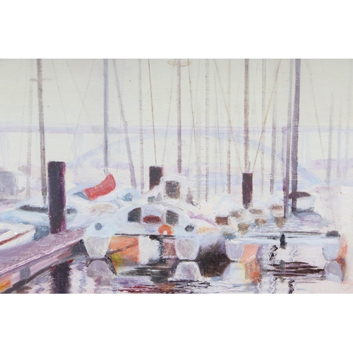 192 - 20th century English school - Harbour Scene with Boats Moored next to a Pontoon - oil on board laid ... 