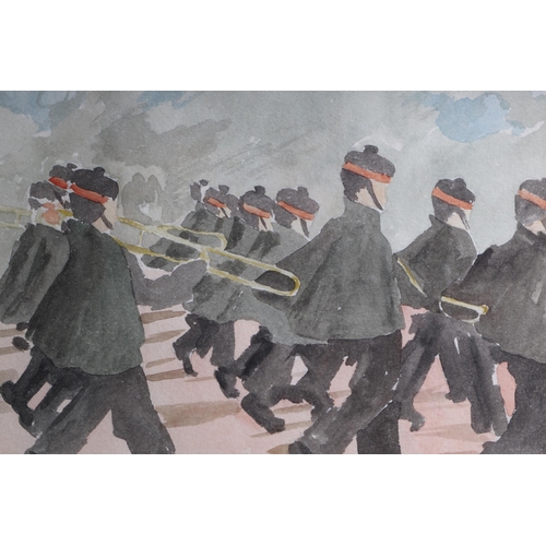 195 - 20th century English school - a Military Marching Band, London - watercolour, 28 by 20cms, indistinc... 