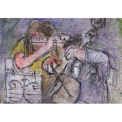 196 - Jeremy Stooks - a caricature depicting a cellist and flautist, mixed media, signed & dated '90 lower... 