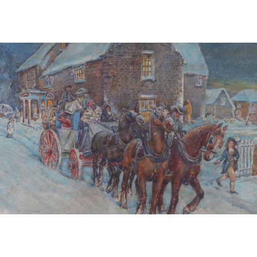 200 - English school - Winter Scene with a Horse Drawn Coach Leaving an Inn - watercolour, indistinctly si... 