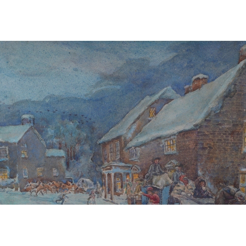 200 - English school - Winter Scene with a Horse Drawn Coach Leaving an Inn - watercolour, indistinctly si... 