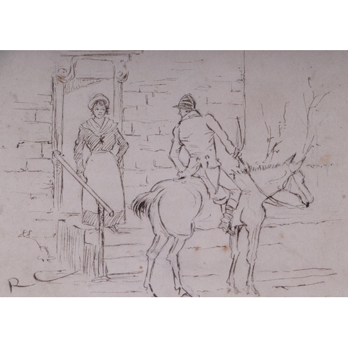 227 - Randolph Caldicott (1846-1886) - Huntsman on Horseback Talking to a Lady on her Front Step - initial... 